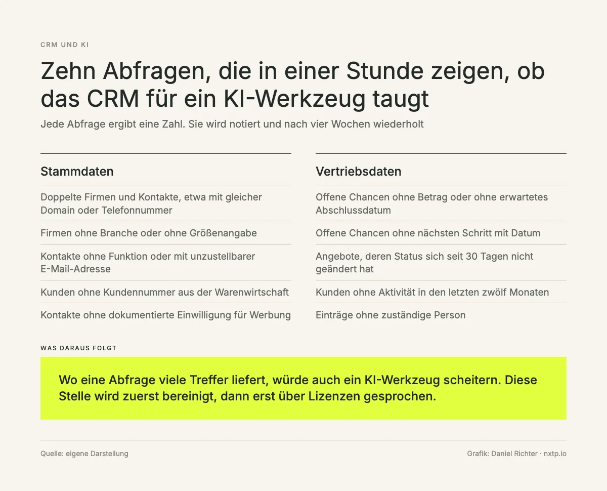 Infografik: Zehn Abfragen im CRM, fünf zu Stammdaten wie Dubletten, Branche und Kundennummer, fünf zu Vertriebsdaten wie Chancen ohne Betrag, ohne nächsten Schritt und Einträge ohne zuständige Person.