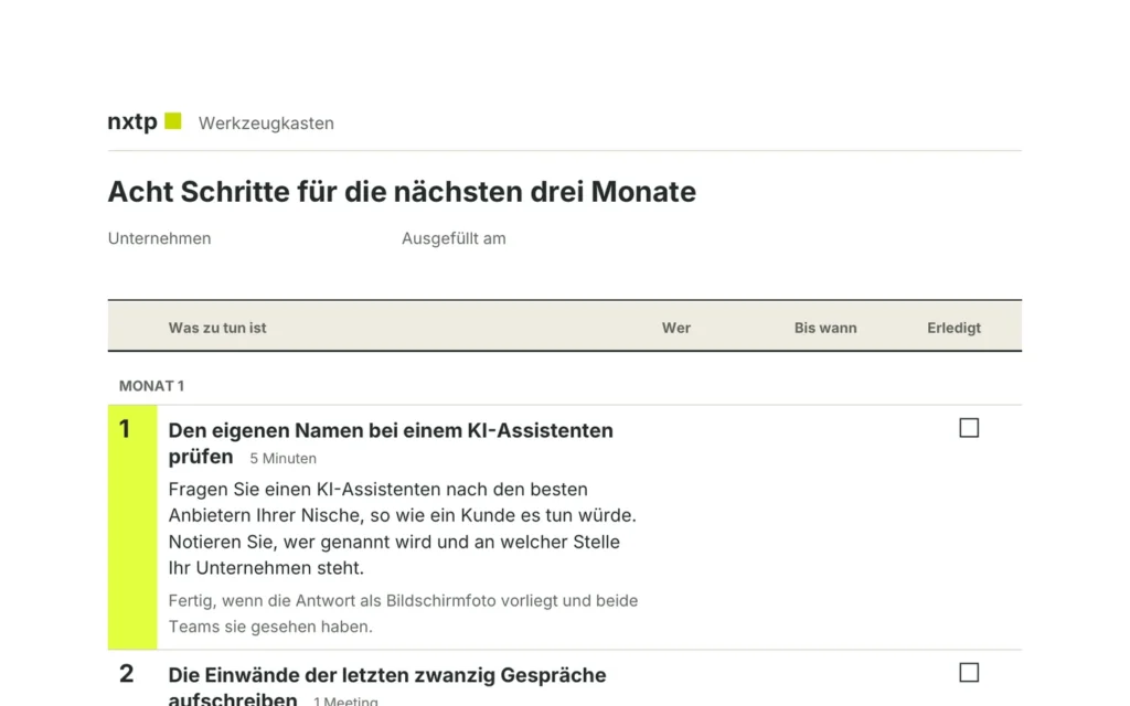 Checkliste Acht Schritte für die nächsten drei Monate: Tabelle mit Schritt 1, gelb markiert, und Spalten für Wer, Bis wann und Erledigt